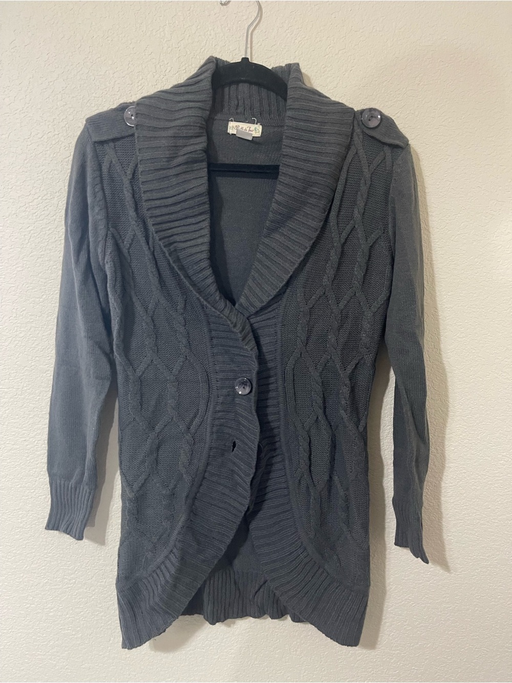 Belle Du Jour Gray Cable Knit Shawl Collar Cardigan
